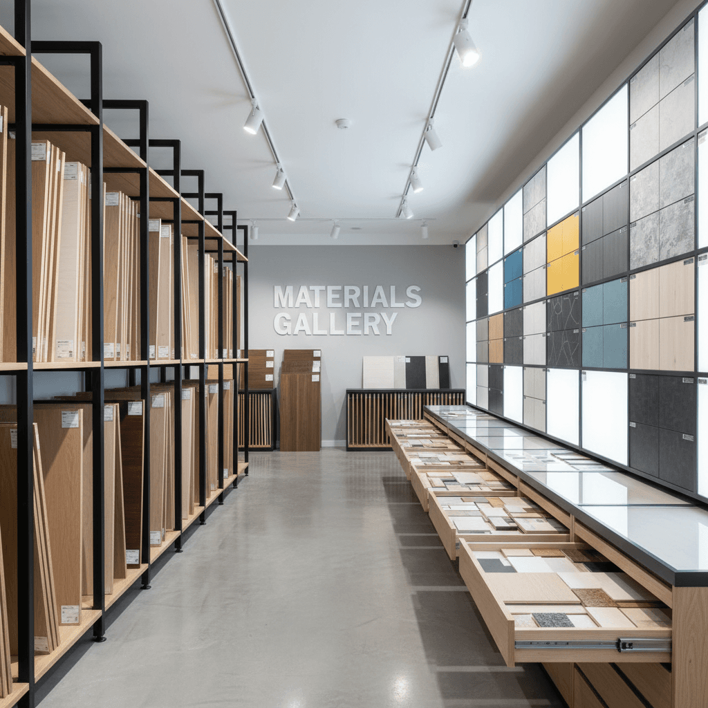 Poona Ply & Laminates showroom displaying plywood and laminate products